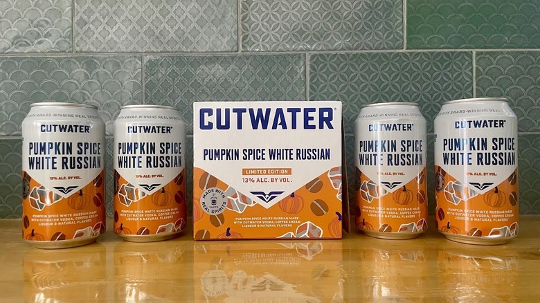 A box and four cans of Cutwater Pumpkin Spice White Russian cocktails