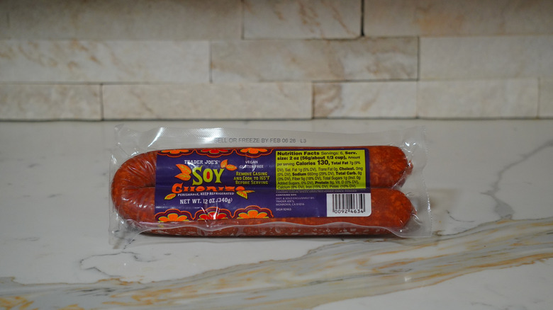 Package of Trader Joe's Soy Chorizo on marble countertop