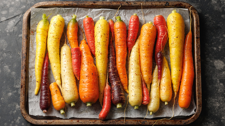 Heirloom carrots on a baking tray