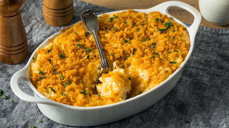 A casserole dish of homemade funeral potatoes