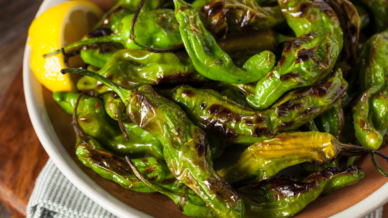 charred shishito peppers in bowl