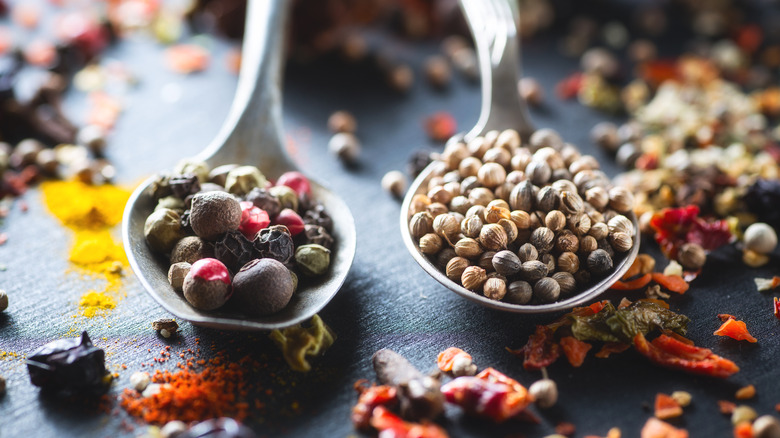 A variety of dried whole spices rest in spoons