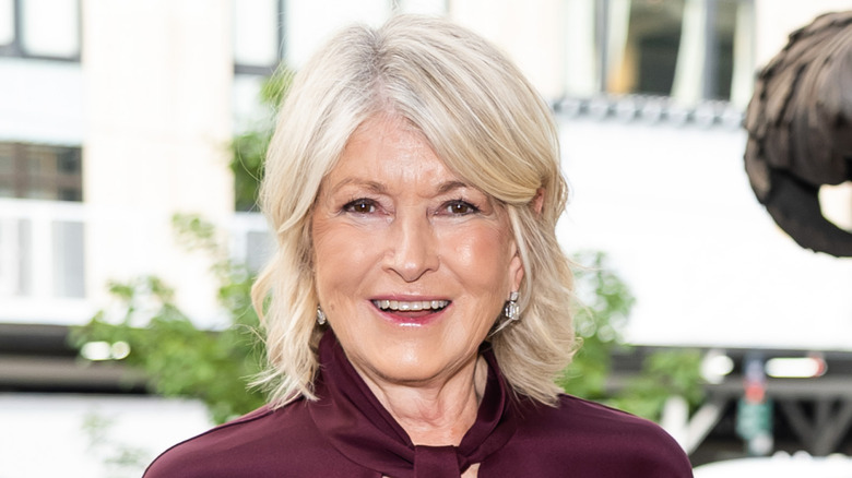 Martha Stewart smiling outside in a maroon top.