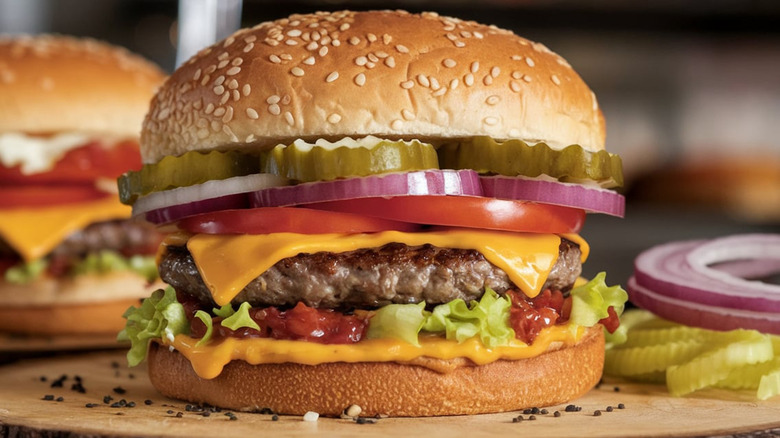 Close up image of a cheeseburger stacked with toppings on a sesame bun