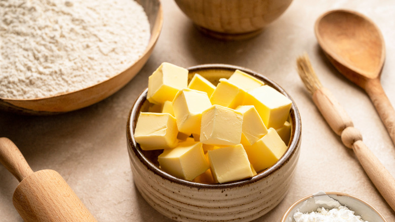 A bowl of cubed butter in bowl