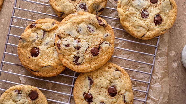 Chocolate chip cookies on a cooling rack 