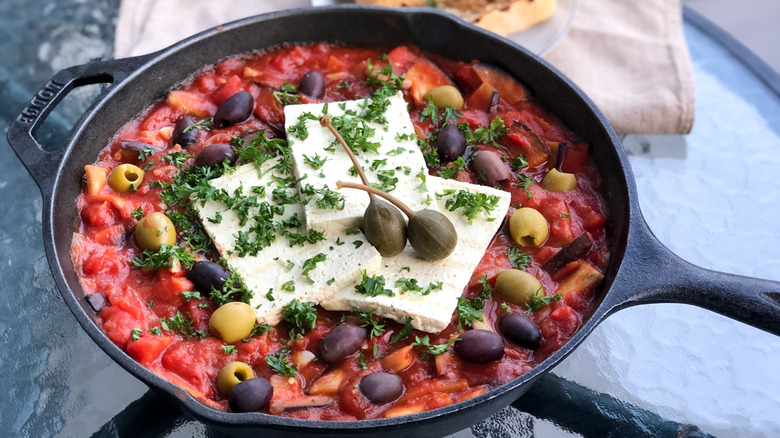 Vegan tofu shakshuka with olives in Lodge cast iron