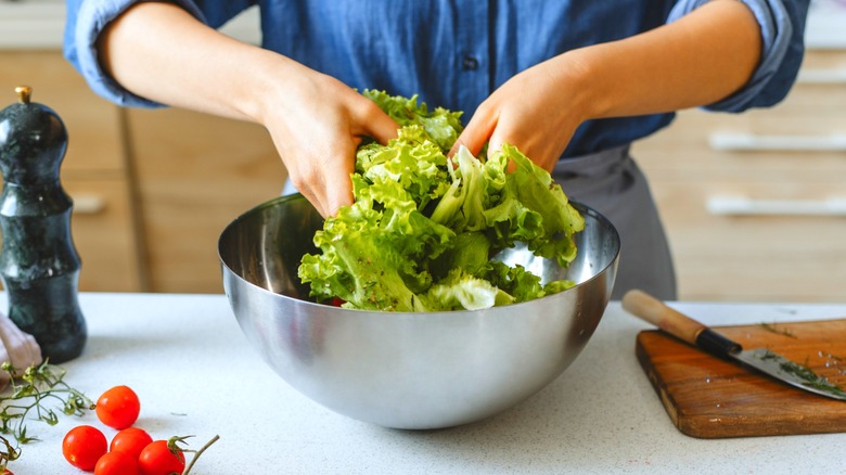 Lettuce leaves in a salad spinner