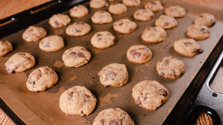 mini chocolate chip cookies on baking sheet