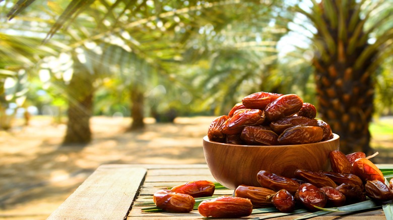 Dates in bowl fresh from palm trees