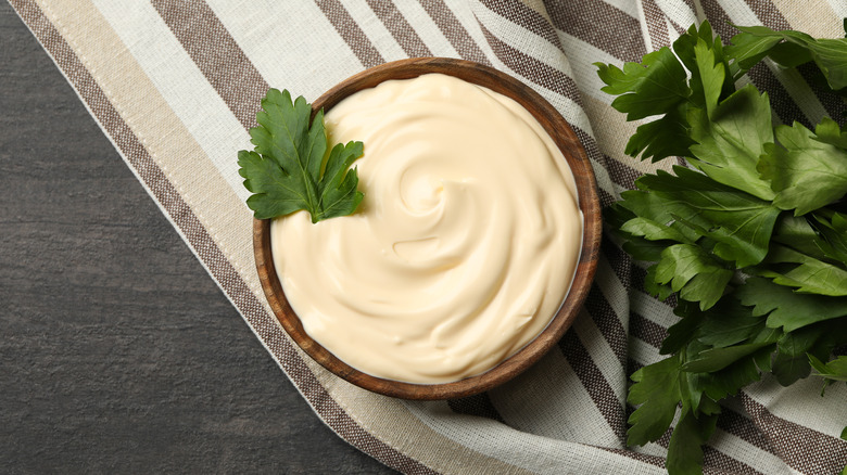 mayonnaise in a wooden bowl