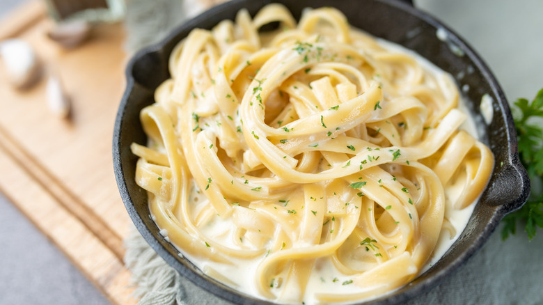 Bowl of creamy fettuccine Alfredo 