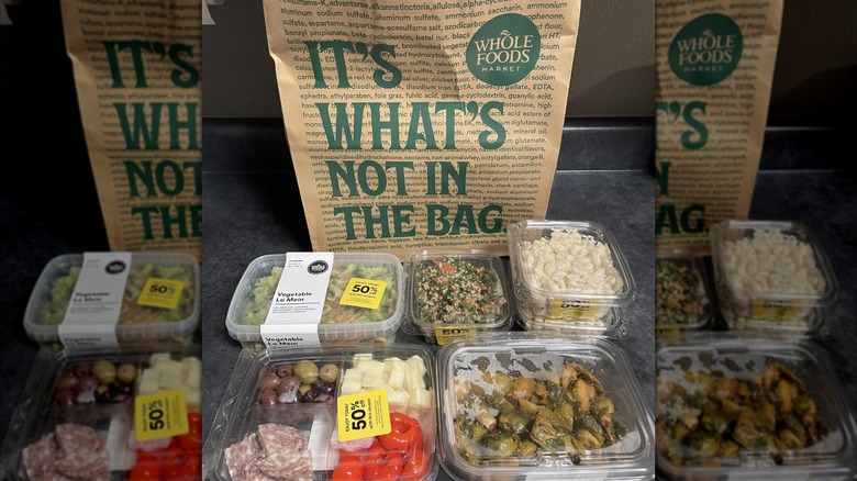 A variety of prepared foods marked 50% off.