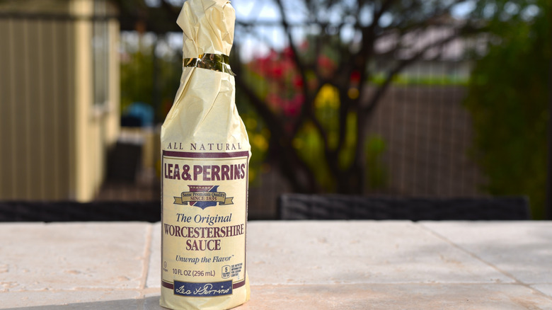 Bottle of Lea & Perrins Worcestershire sauce.