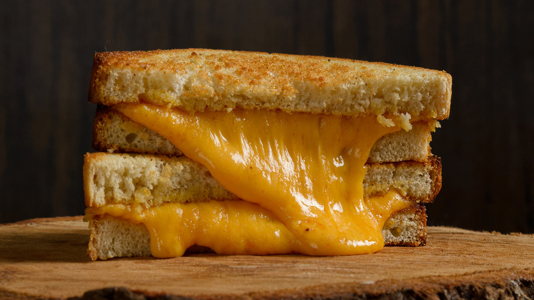 Toasted grilled cheese sandwich with cheese melting down the side