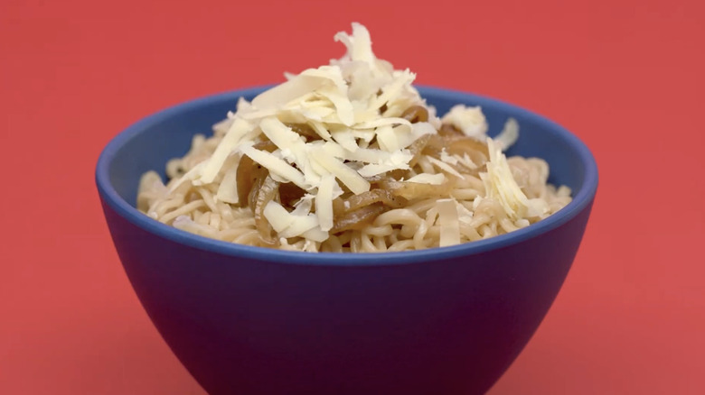 Served bowl of French onion soup ramen.