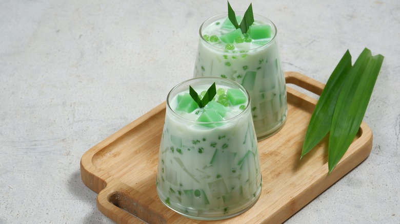 Buko salad in glass on wooden board