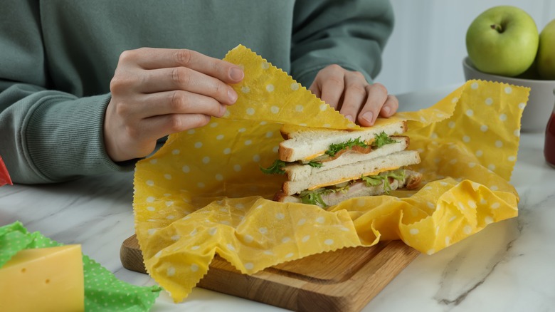 Beeswax wrap covering sandwich