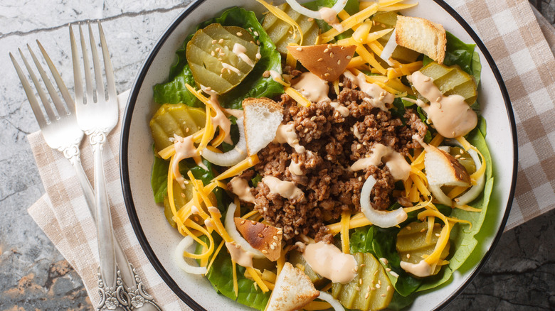 a cheeseburger bowl on a table