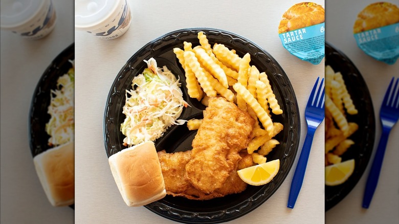 Culver's fish, fries, slaw, and tartar sauce.