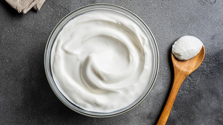 Bowl of plain Greek yogurt with a wooden spoonful of Greek yogurt on stone surface