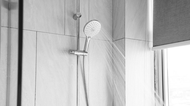 shower head running in bathroom