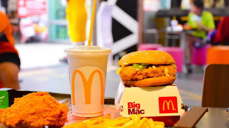 McDonald's food sits on a tray in a restaurant