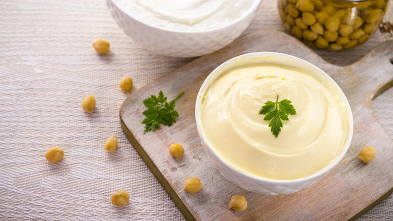 A bowl of vegan mayonnaise made with aquafaba
