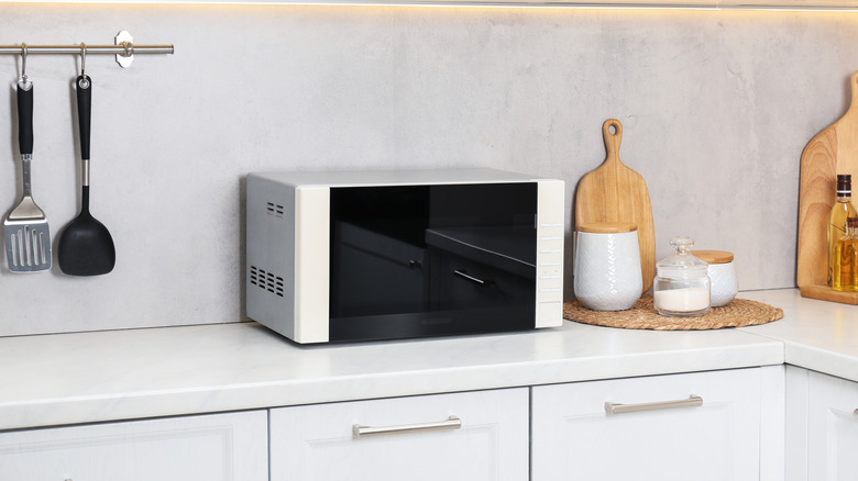 A microwave on a kitchen counter