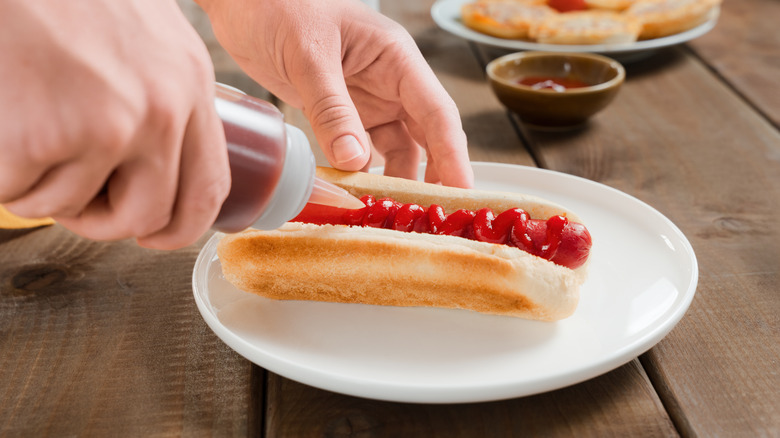 a person squeezing ketchup on a hot dog