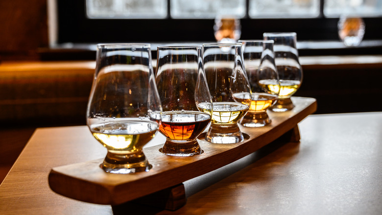 whiskey flight on a wooden board