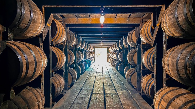 Bourbon barrels racked for aging