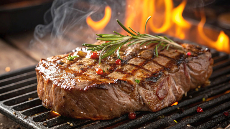 Ribeye with rosemary and peppercorns on the grill