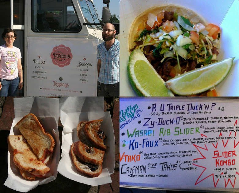 Clockwise from top left: Founders of ice cream truck The Parlour, beef bulkogi taco at Bulkogi Korean BBQ, daily specials menu at KoKyu BBQ, grilled cheeses at American Meltdown.