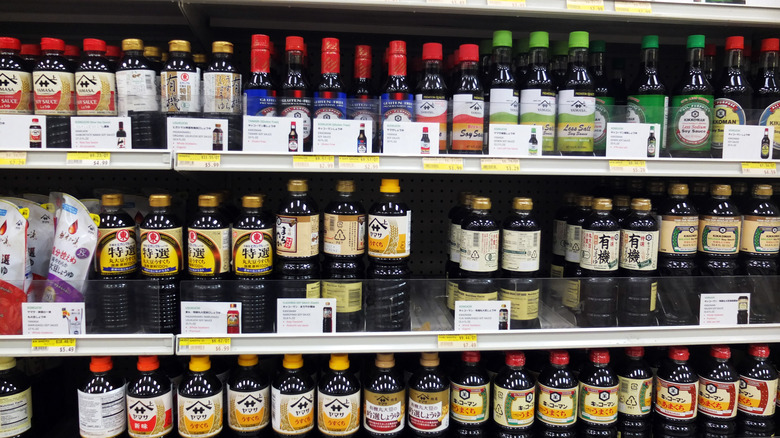 soy sauce bottle assortment on shelves