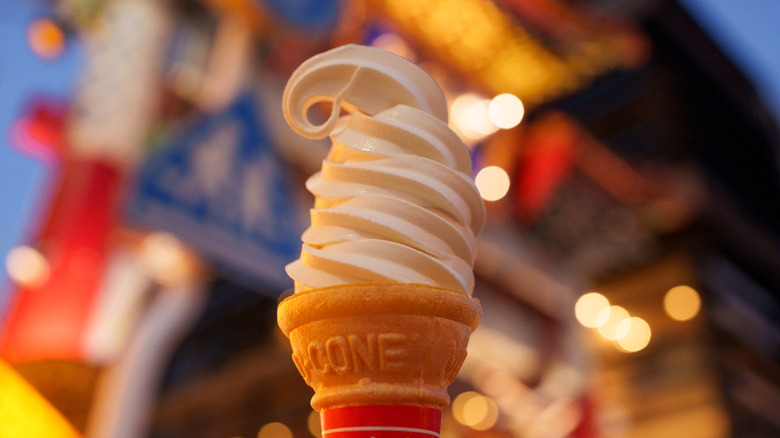 A soft serve cone pictured at night in Japan.