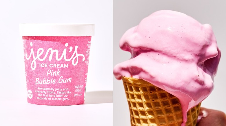pint of bubble gum ice cream on a table, two scoops of ice cream