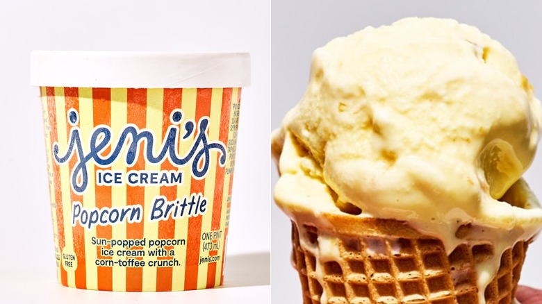 pint of popcorn brittle on a table, scoop of ice cream