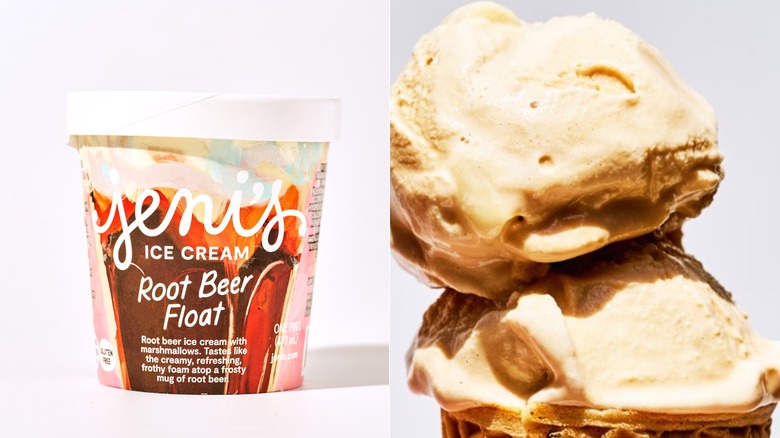 Pint of root beer float on a table, two scoops of ice cream