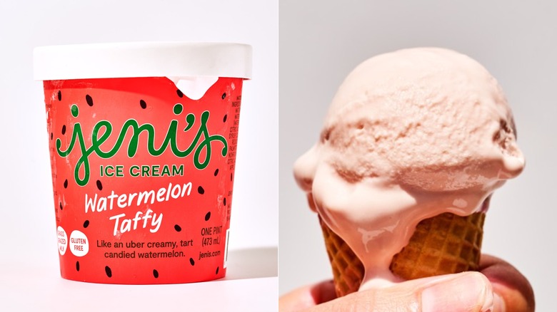 pint of watermelon taffy on a table, one scoop of ice cream