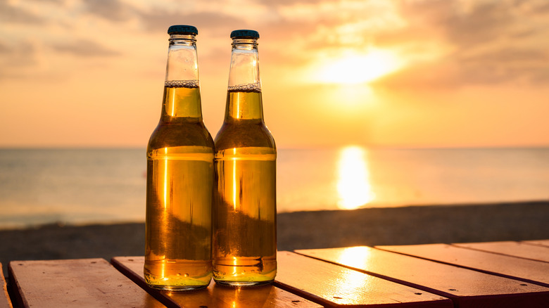 Two bottles of Lager beer on the seashore