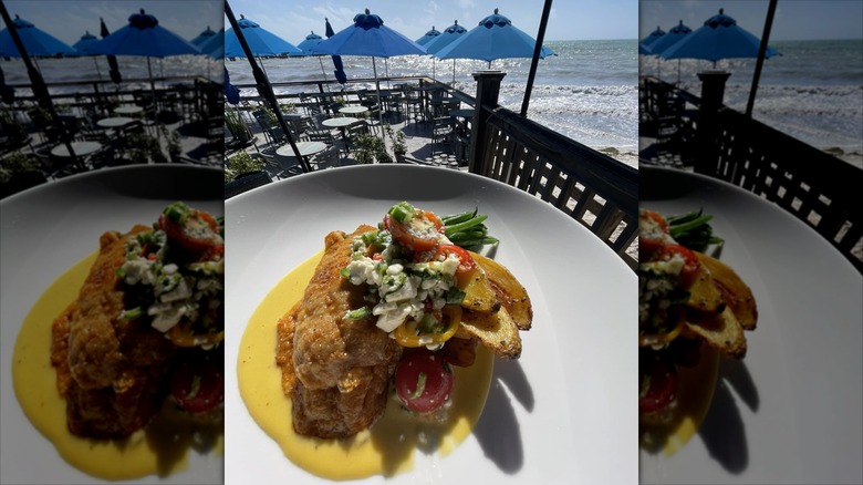 A fish dish displayed on a white plate on the outdoor eating area at Louie's Backyard, with the ocean visible in the background.