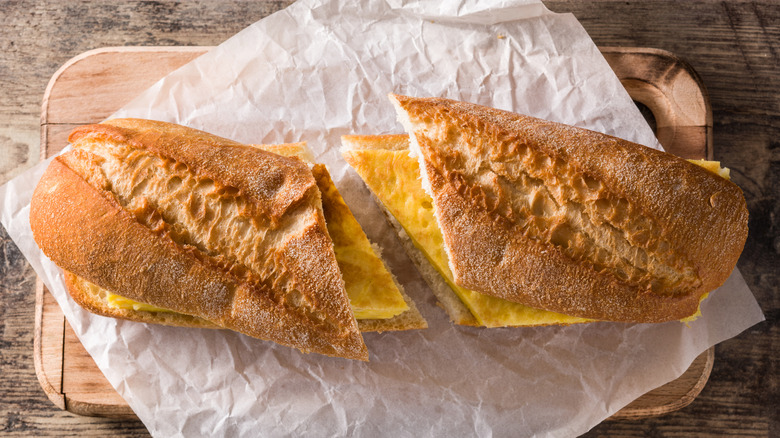 Spanish omelet sandwich in a baguette