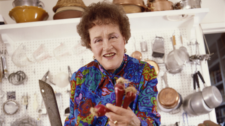 Julia Child smiling in her Cambridge, MA kitchen in 1972
