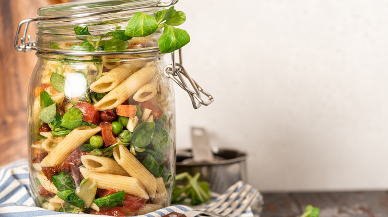 pasta salad in glass jar
