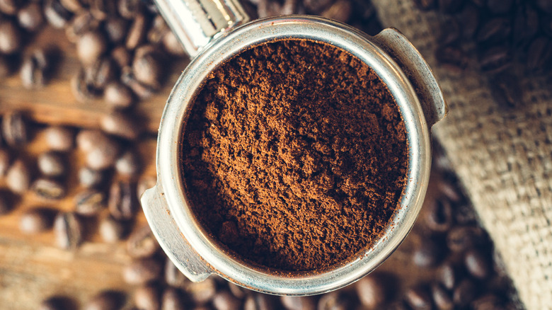 Coffee grounds in espresso portafilter on top of coffee beans