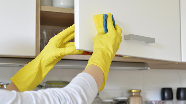 Gloved hands cleaning kitchen cabinets with a sponge