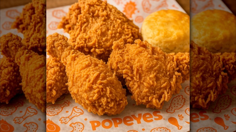Popeyes chicken on a paper with a biscuit