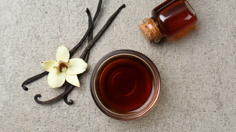 Vanilla extract and vanilla orchid and vanilla beans