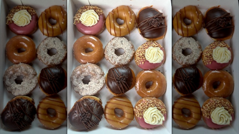 Krispy Kreme donuts sit in a box.